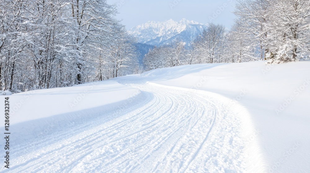 Snowy winter trail winding through a forest, mountains in the background. Possible use Travel brochure, winter wonderland poster, nature wallpaper Snowy winter trail winding through a forest, mountains in the background. Possible use Travel brochure, winter wonderland poster, nature wallpaper