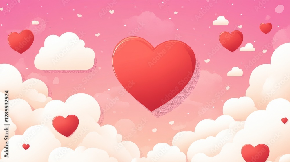 Floating red hearts and fluffy clouds on pink sky background Floating red hearts and fluffy clouds on pink sky background