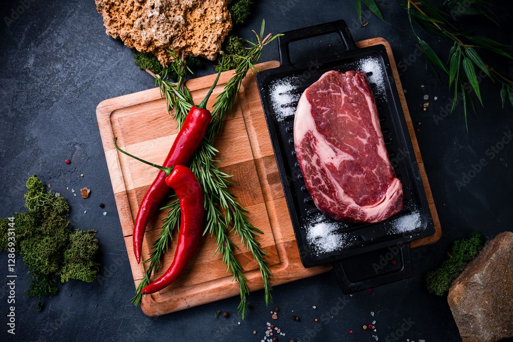 raw steak meat with pepper, salt and rosemary is prepared for grilling