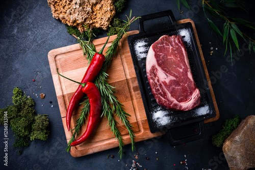 Obraz na płótnie raw steak meat with pepper, salt and rosemary is prepared for grilling w salonie