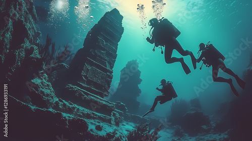 Armed divers exploring ancient submerged statue in ruins. Ancient Ruins Underwater. Illustration