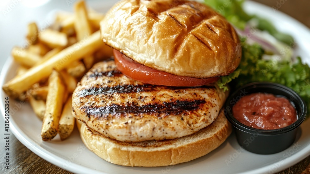 Grilled chicken burger, fries, and sauce on a plate in a restaurant Grilled chicken burger, fries, and sauce on a plate in a restaurant