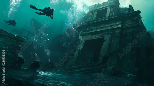 Armed divers investigating submerged ancient ruins. Ancient Ruins Underwater. Illustration