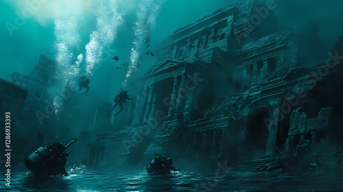 Armed divers investigating submerged ancient ruins. Ancient Ruins Underwater. Illustration