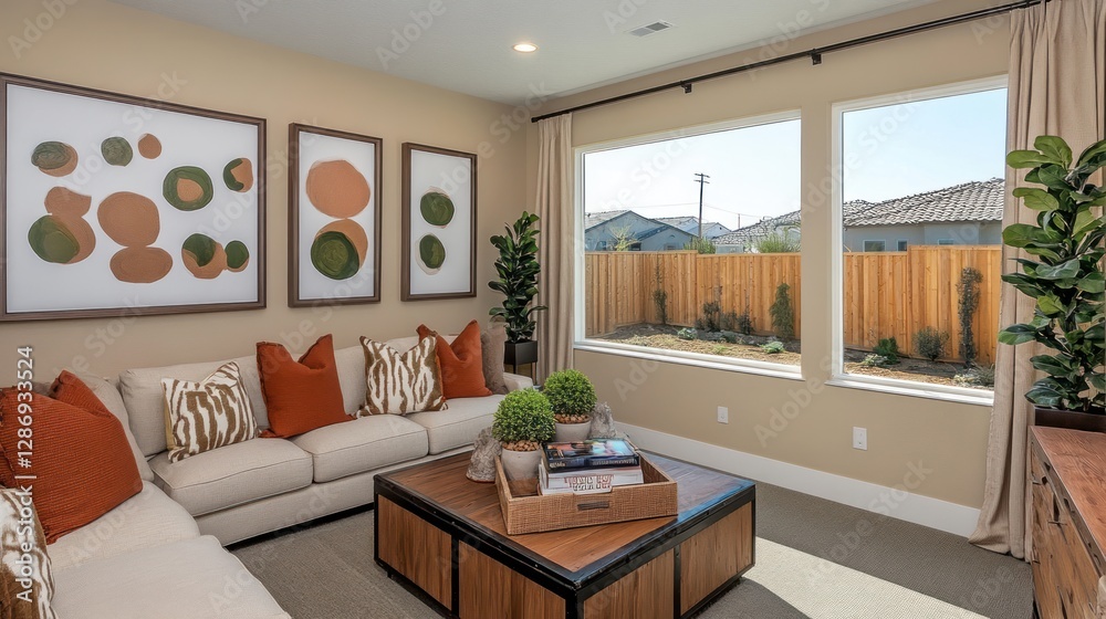 Fototapeta premium Cozy Living Room Interior with Neutral Decor and Natural Light