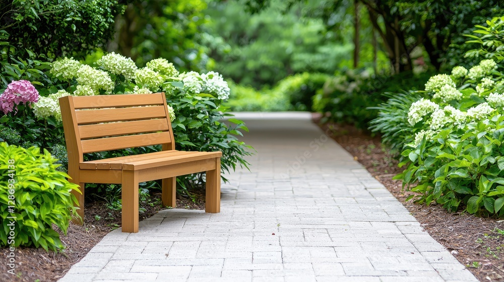 Obraz premium Wooden bench garden path hydrangeas peaceful rest