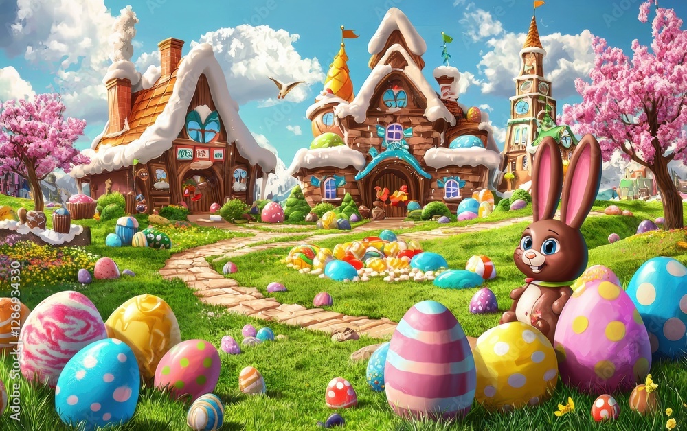 Easter chocolate factory with delicious sweets and candy eggs Easter chocolate factory with delicious sweets and candy eggs