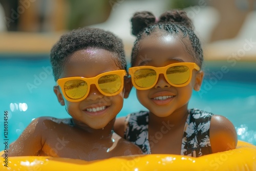 Two smiling children enjoy a pool day wearing yellow sunglasses