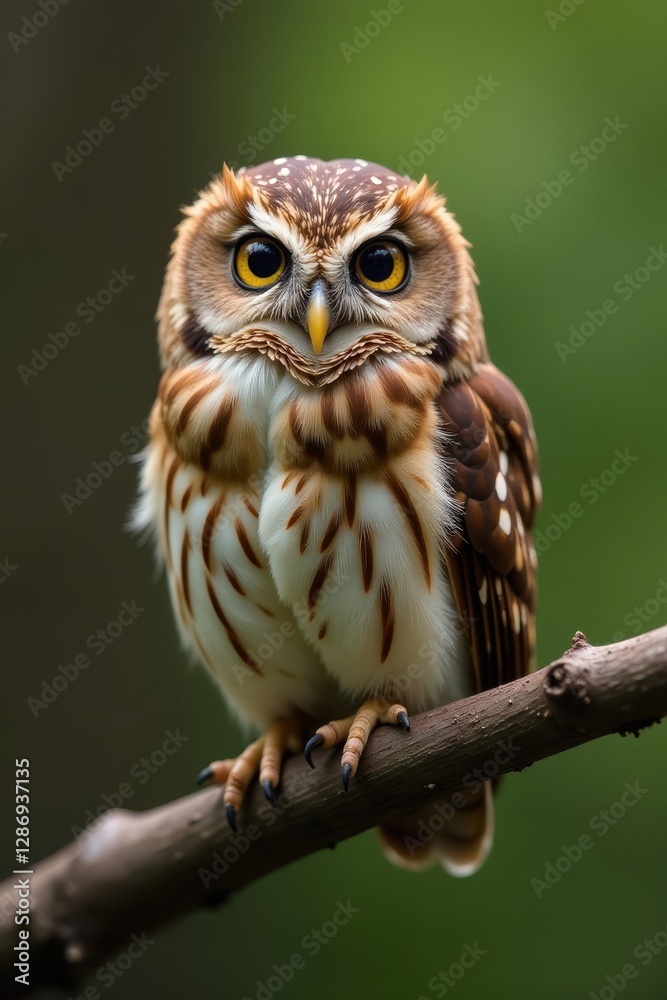 Naklejka premium Tiny Eurasian pygmy owl perched on a slender branch , plumage, owl