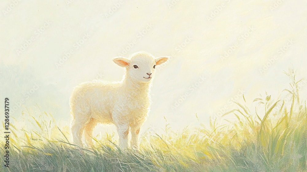 Obraz premium A gentle lamb standing in dewy grass, morning mist rising, soft pastel color palette