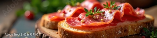 Thinly sliced cured meat on toasted bread with a sprinkle of grana salumi, simple, rustic, wine