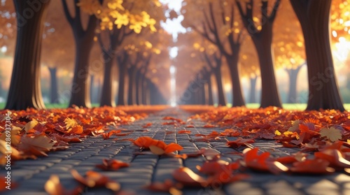 A lively autumn forest is portrayed with trees decorated in vibrant foliage,
 forming a harmonious blend of warm colors contrasting with cool forest setting photo