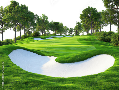 A lush green golf course fairway isolated. transparent PNG
