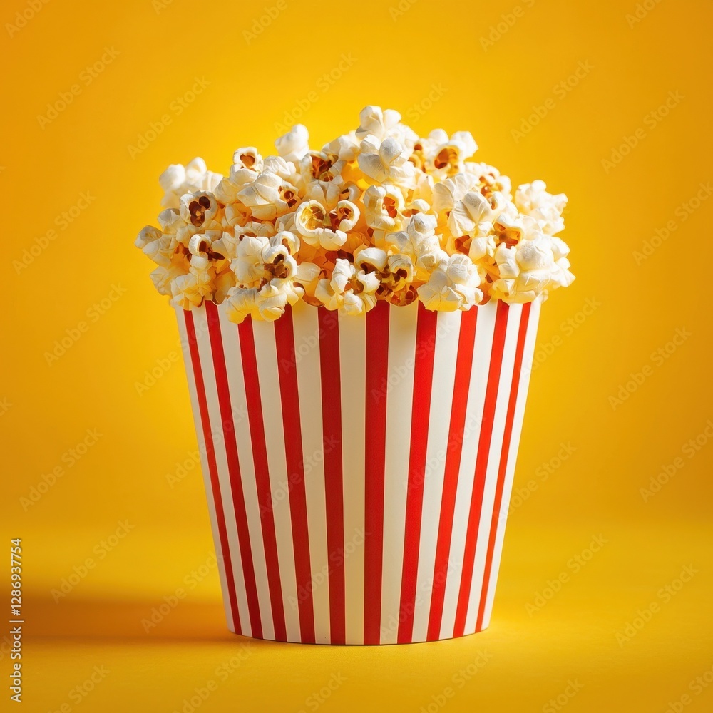 A classic red and white striped popcorn bucket overflowing with fluffy, buttery popcorn against a vibrant yellow background. Perfect for movie night! A classic red and white striped popcorn bucket overflowing with fluffy, buttery popcorn against a vibrant yellow background. Perfect for movie night!