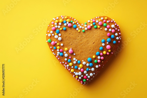 Playful gingerbread heart with colorful decorations on yellow background