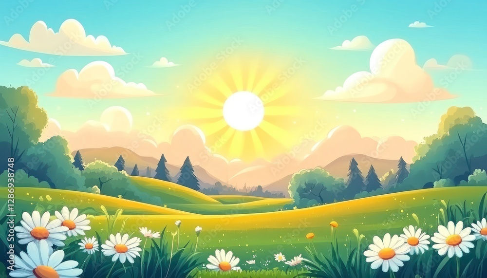 Fototapeta premium Sunny Day Meadow Landscape With Daisies And Rolling Hills