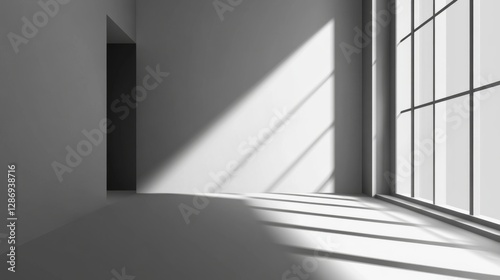 Minimalist interior with sunlit room and large windows
