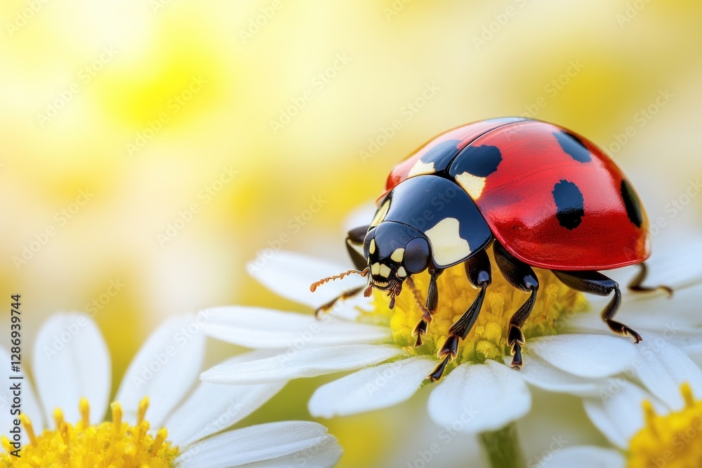 Fototapeta premium Ladybug on a White Daisy in Sunny Light