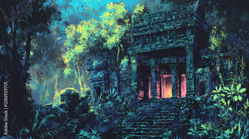 Illuminated bioluminescent flora adorn a mystical jungle temple. Bioluminescent Jungle Temple. Illustration