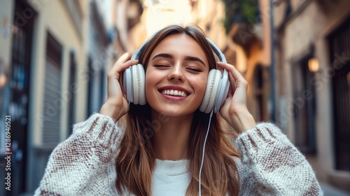 Modern and cool woman listening music on headphones with smiley and happy attitude on trendy color background