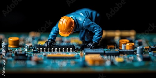 Miniature Worker Repairing Circuit Board Components