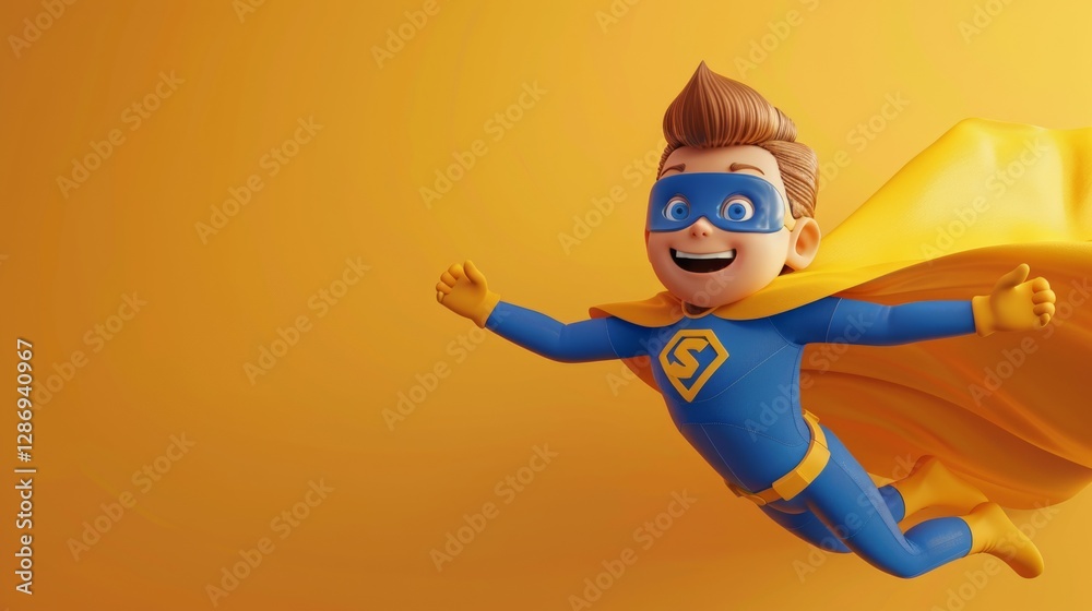 Adorable cartoon superhero boy soars through the sky in bright blue and yellow costume with cape Adorable cartoon superhero boy soars through the sky in bright blue and yellow costume with cape