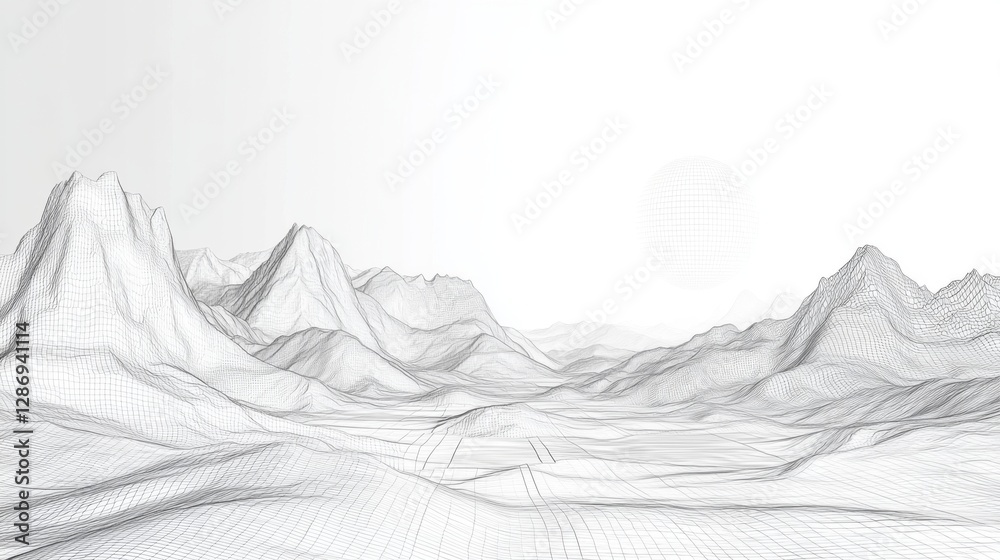 Obraz premium Wireframe landscape with mountains and valleys in minimalist style