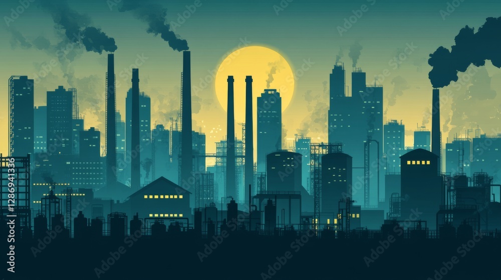 Fototapeta premium Urban industrial skyline at sunset with smoke and city buildings