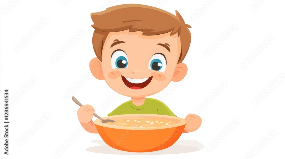 Happy young boy eating cereal from orange bowl with spoon Happy young boy eating cereal from orange bowl with spoon