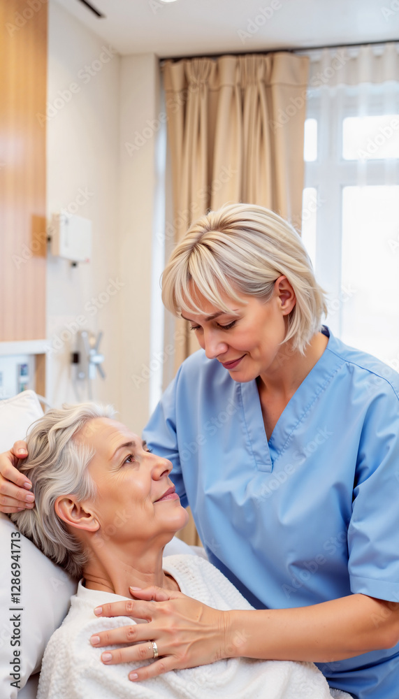 Fototapeta premium Caring nurse comforting elderly patient in hospital bed. 