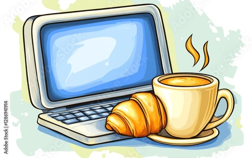 Laptop Coffee Croissant Breakfast Morning Work