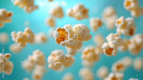 Airy popcorn kernels floating on a blue background