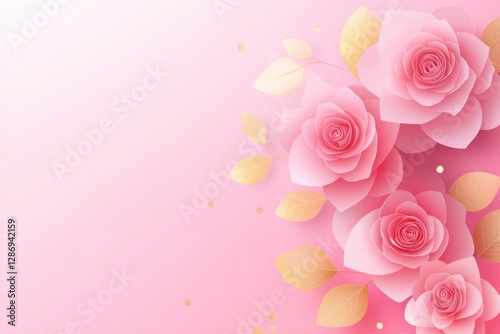Delicate Pink Paper Roses and Gold Leaves Design