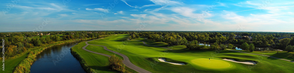 Fototapeta premium Scenic aerial view of a lush green golf course landscape. Generative AI