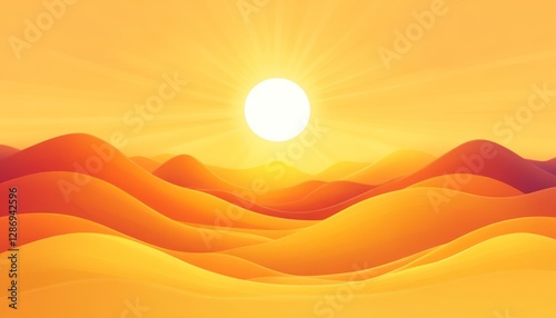 Bright Sun Over Rolling Orange Desert Hills
