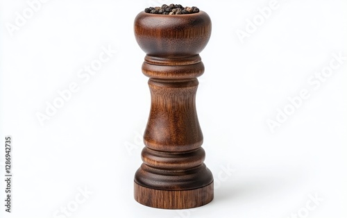 Dark Wooden Pepper Mill Filled With Peppercorns