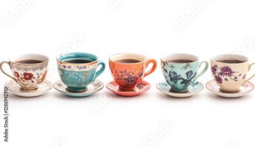 Five ornate teacups filled with tea arranged in a row