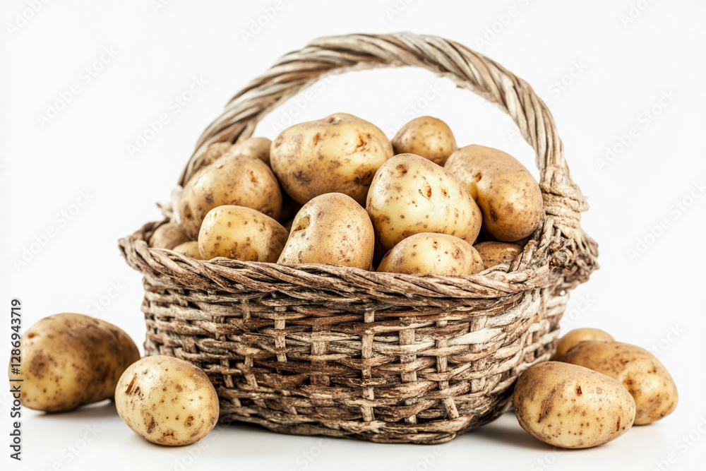 Fresh potatoes in woven basket on white background. Generative AI Fresh potatoes in woven basket on white background. Generative AI