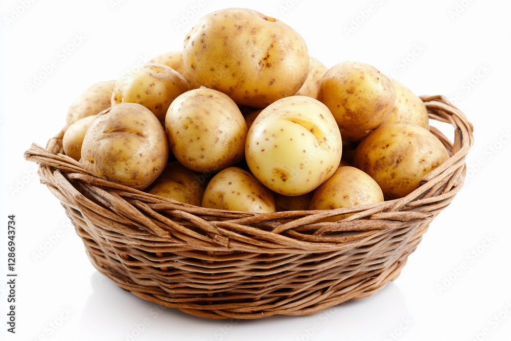 Fresh potatoes in a woven basket on a white background. Generative AI Fresh potatoes in a woven basket on a white background. Generative AI