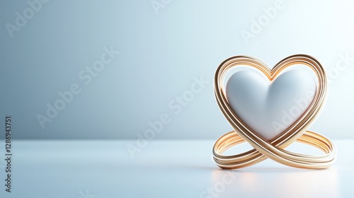 A 3Drendered image featuring a white heart encircled by two intertwined golden rings, set against a soft blue