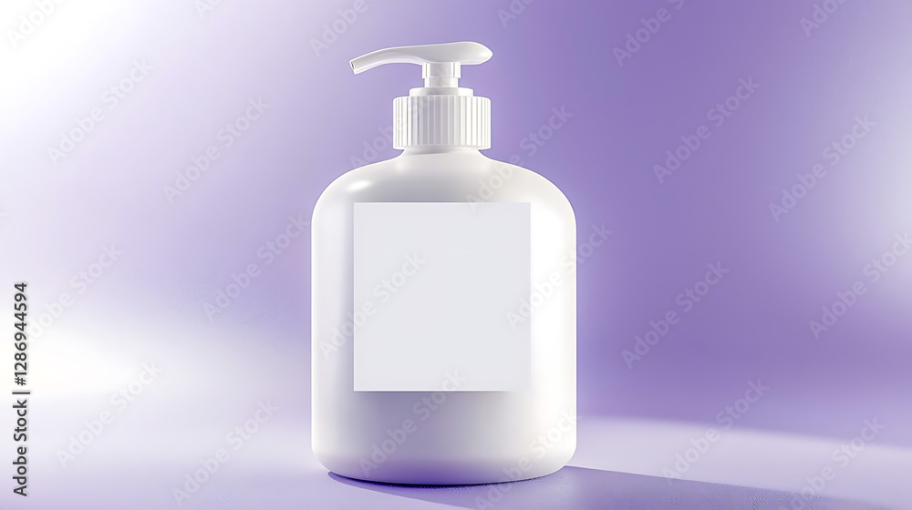 White dispenser bottle with blank label showcasing minimalist design against a soft gradient purple background with ambient lighting. White dispenser bottle with blank label showcasing minimalist design against a soft gradient purple background with ambient lighting.