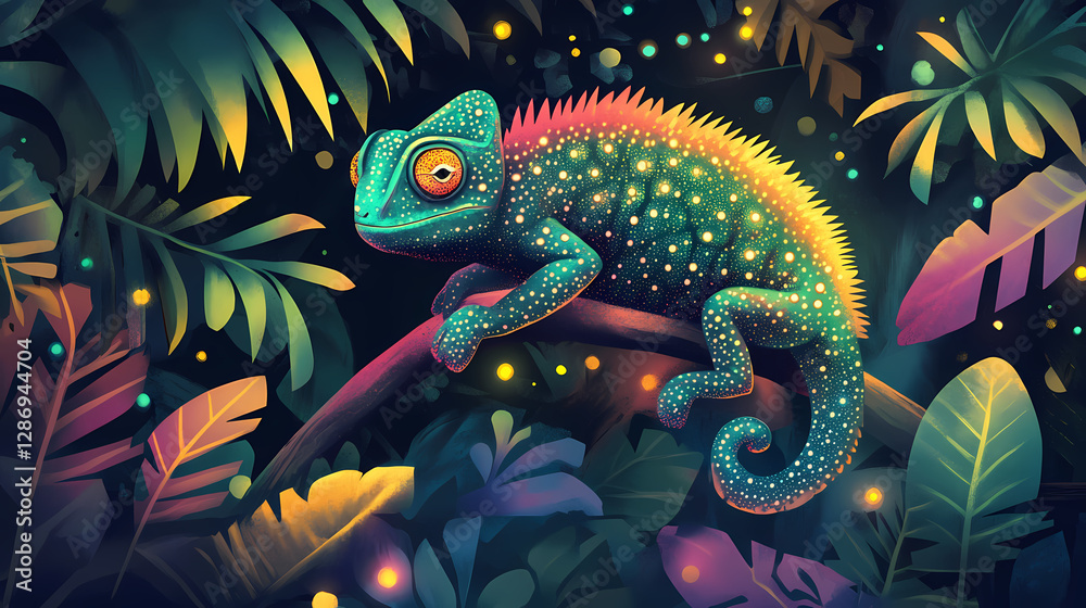 Obraz premium A curious chameleon blending into a colorful, fantasy jungle filled with glowing plants and friendly insects, stylized illustration, enchanting and vibrant. Bioluminescent Jungle Temple. Illustration