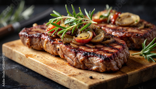 Perfectly cooked New York strip steak on wooden cutting board, culinary delight