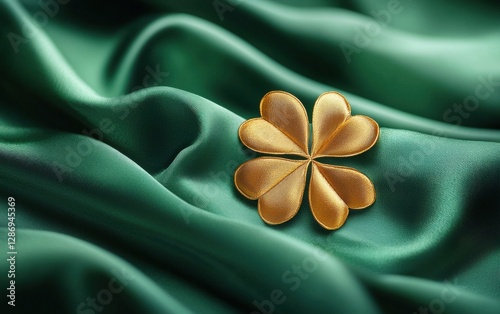 Elegant golden four-leaf clover floating on green silk folds for Saint Patricks Day