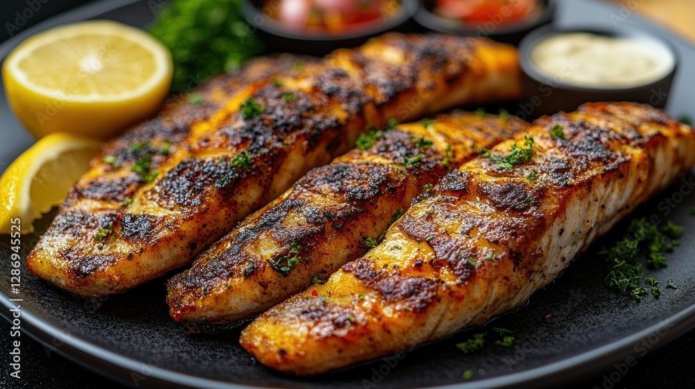 Grilled Salmon Filets on Dark Plate with Lemon, Sides, Restaurant Food Grilled Salmon Filets on Dark Plate with Lemon, Sides, Restaurant Food