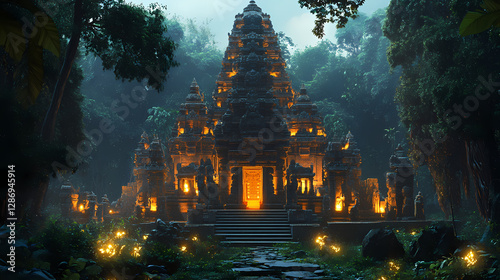 Fototapeta Naklejka Na Ścianę i Meble -  A serene jungle with glowing plants and hindu temple, fantasy. Bioluminescent Jungle Temple. Illustration