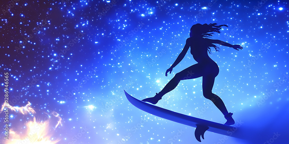 Naklejka premium Silhouette of a woman surfing on a surfboard against a starry vibrant blue and white sky.