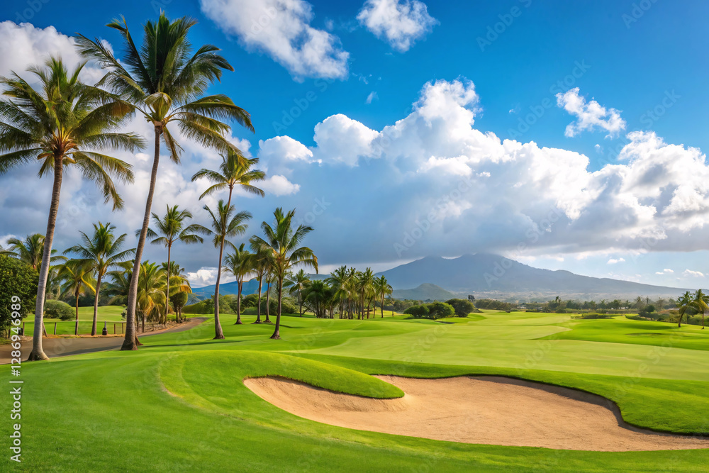 Obraz premium A scenic landscape featuring a lush green golf course with sand bunkers scattered across the fairway and a tall trees