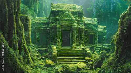 Ancient mosscovered temple hidden deep within a vibrant emerald jungles tangled embrace. Bioluminescent Jungle Temple. Illustration
