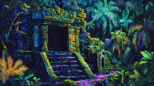 Ancient mosscovered temple hidden deep within a vibrant emerald jungles tangled embrace. Bioluminescent Jungle Temple. Illustration